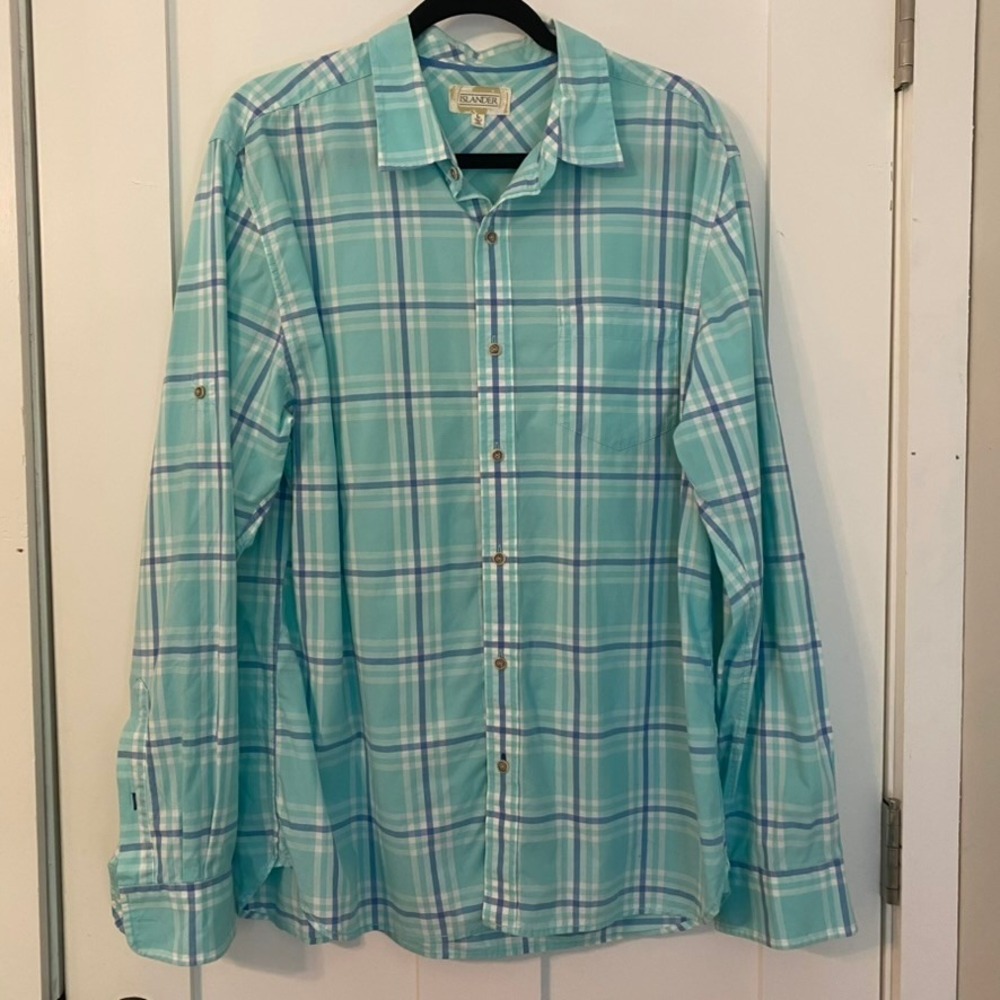 Islander Men Plaid Long Sleeve Roll Tab Button Down Shirt Turquoise Blue L Beach